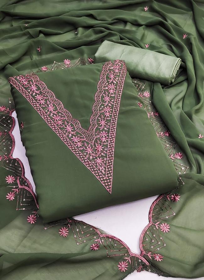Georgette Green Traditional Wear Hand Work Dress Material